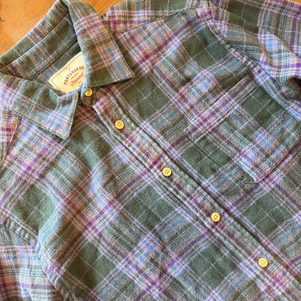 Portuguese Flannel Shirt Mens Small Purple Plaid Long Sleeve Button Up Cotton